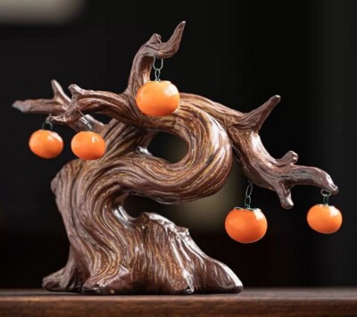 Chinese Porcelain Persimmon Tree Bonsai Statue Plant Feng Shui Table Decor  | eBay