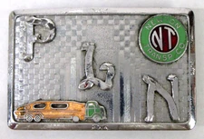c. 1960 NEWTON TRANSPORT AUTO CARRIER enamel cast metal Hook Fast belt buckle xx