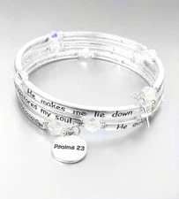 Inspirational Silver Twist Wrap PSALMS 23 Scripture Crystals Charms Bracelet