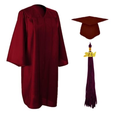 2024 Matte Graduation Cap and Gown Tassel Set Maroon Size 54 for Junior/Senio...