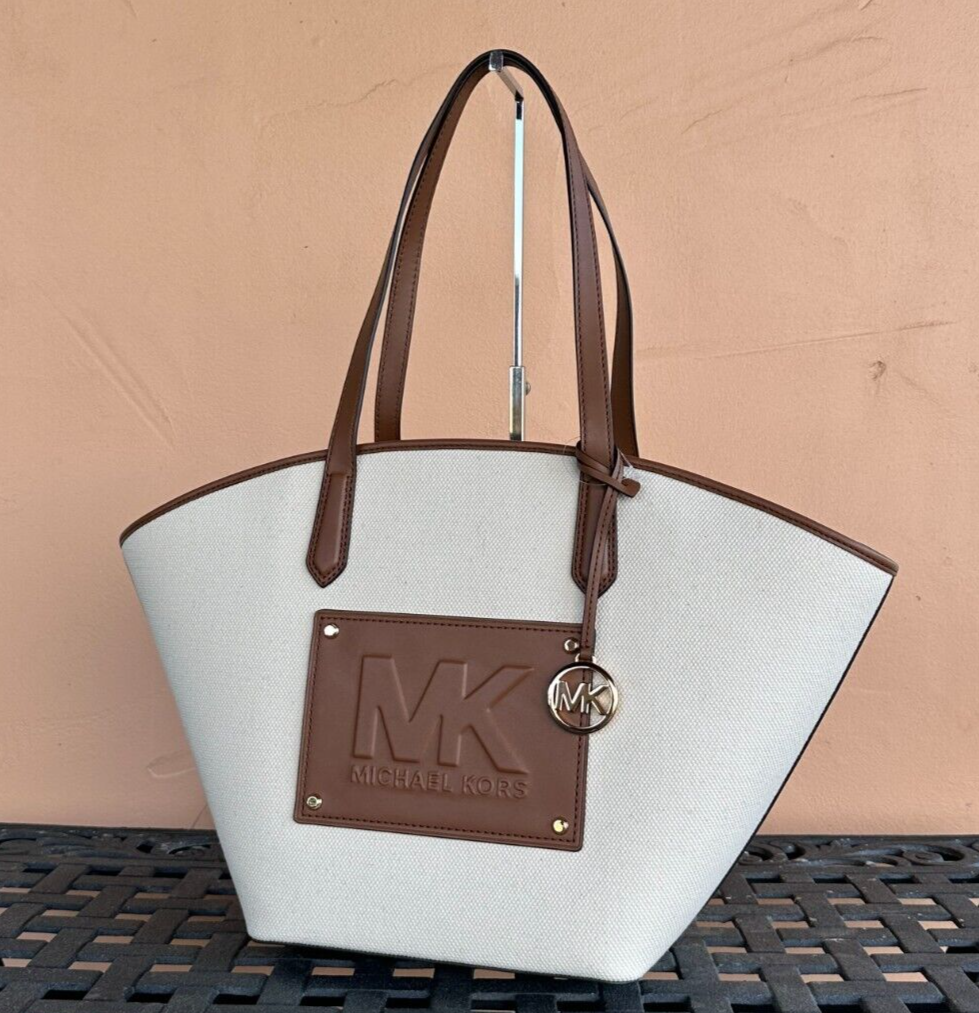 MICHAEL KORS KIMBER LARGE TOP ZIP SHOULDER TOTE BAG CANVAS NATURAL
