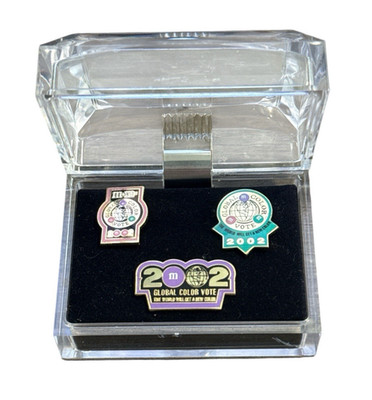 2002 M&M's Global Color Vote Enamel Pin Set Winner Mars Candy Promo w/ Case