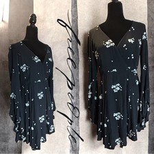 FREE PEOPLE Jasmine Embroidered Black Bell Sleeve Mini Dress Size 6