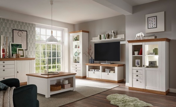 Wohnwand Landhaus 546Cm Pinie Weiß Wotan Eiche Vitrine Wohnzimmer Set 441543-image
