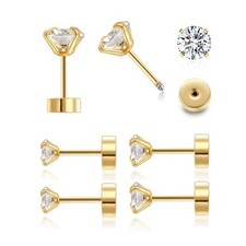 3Pairs Stud Earrings Set, Flat Back for Women 14K Gold 3/4/5mm,