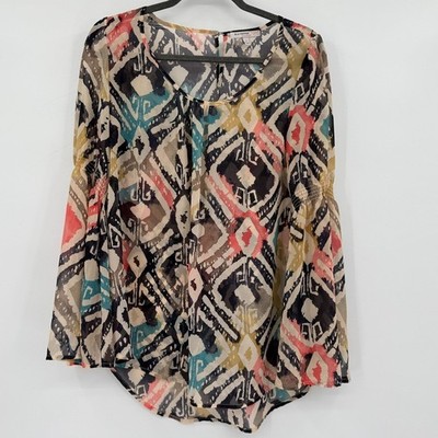 Blu Pepper Vintage Womens Boho Ikat Bell Sleeve Blouse Size M Sheer Top