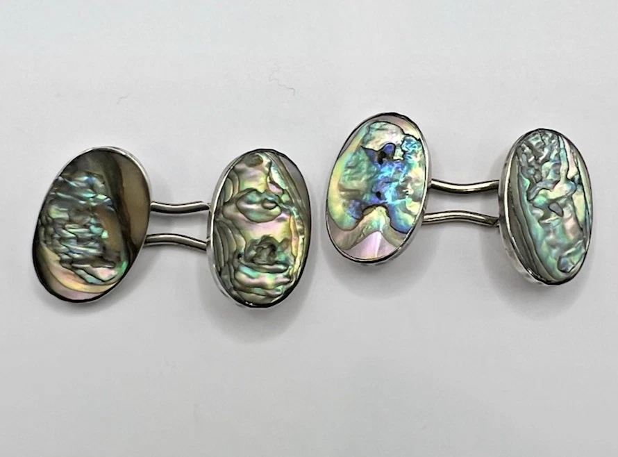 Gemelos vintage de plata de ley y concha de abulón de doble cara Foto 2 de 4