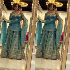 New Latest Heavy Pure Silk Sea Green Top Palazzo And Dupatta For Reception Wear