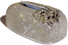 Bling Tissue Box Cover Silver Rose Design Decorative Organizer Sparkle Diamond