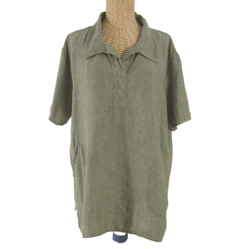Andrea Jovine Womens Large Olive Green Linen SS Tunic Shirt Pocket Relaxed Fit - Picture 2 of 10
