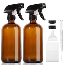 Amber 16oz Glass Spray Bottles 2-Pack, Refillable with Adjustable Nozzle