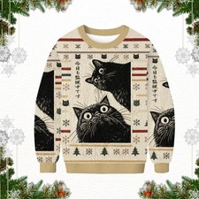 Unisex Funny Staring Black Cat Ugly Christmas Sweater Japanese Style Jumper Gift