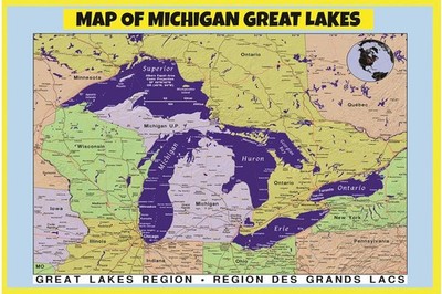 Map Of Michigan Great Lakes - 18x24 Inch Laminated Wall Map Poster Easy Read