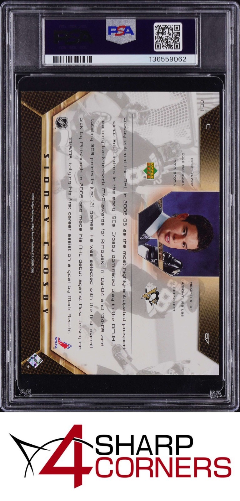 2005 UD ROOKIE CLASS COMMEMORATIVE BOXTOPPERS #CC-1 SIDNEY CROSBY RC PSA 10 view 2