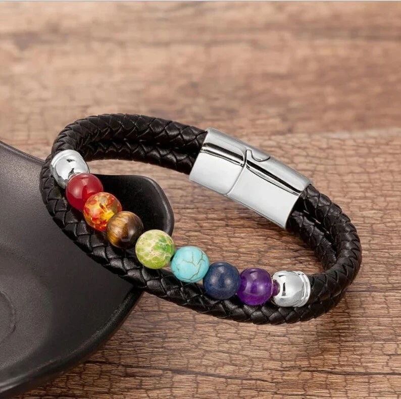 Natural 7 Chakra Stone Men's Leather Braided Bracelet Bangle Magnetic Clasp - Image 2 of 3