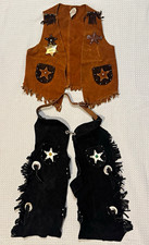 Vintage Sheplers Suede Cowboy Vest Chaps Set Kids Large Western Fringe Rodeo 90s