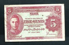 Malaya (P7) 5 Cents 1941 King George VI aVF