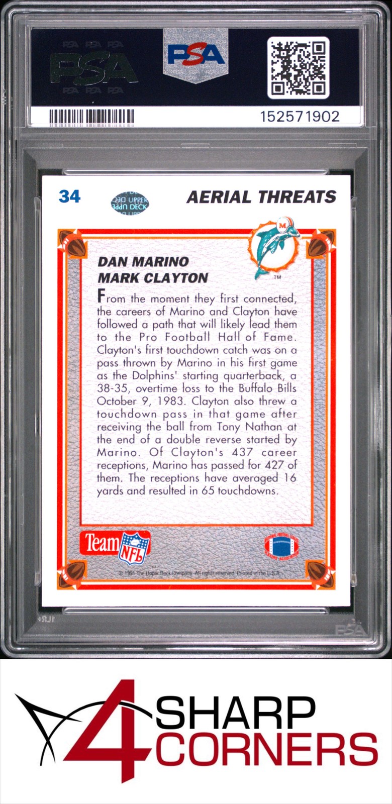 1991 UPPER DECK #34 DAN MARINO DOLPHINS HOF PSA 10 view 2