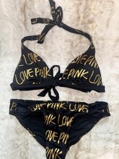 Vintage Victoria's Secret PINK Bikini Set Black Gold Graffiti Script XS