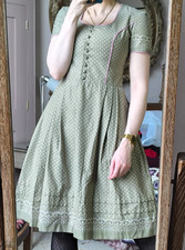 Sweet Vintage Dirndl Dress Prairie Pleated Green Bavarian Skater 10 Spotty