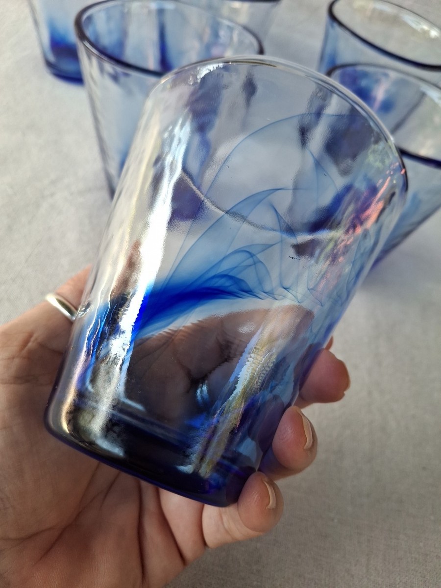 6 PC Bormioli Rocco Murano Cobalt Blue Swirl Glass Tumblers