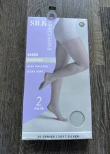 Silk Impressions Pantyhose High Waisted Sheer Shimmer 20 Denier Soft Silver XL