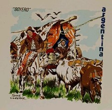 Azulejo artístico San Lorenzo 1973 Argentina Guzmán ganado buey pastor Boyero caballo
