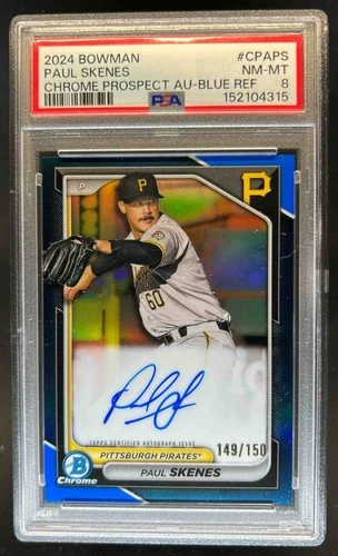 2024 Bowman Paul Skenes Chrome Prospect Auto Blue Refractor #/150 Pirates PSA 8