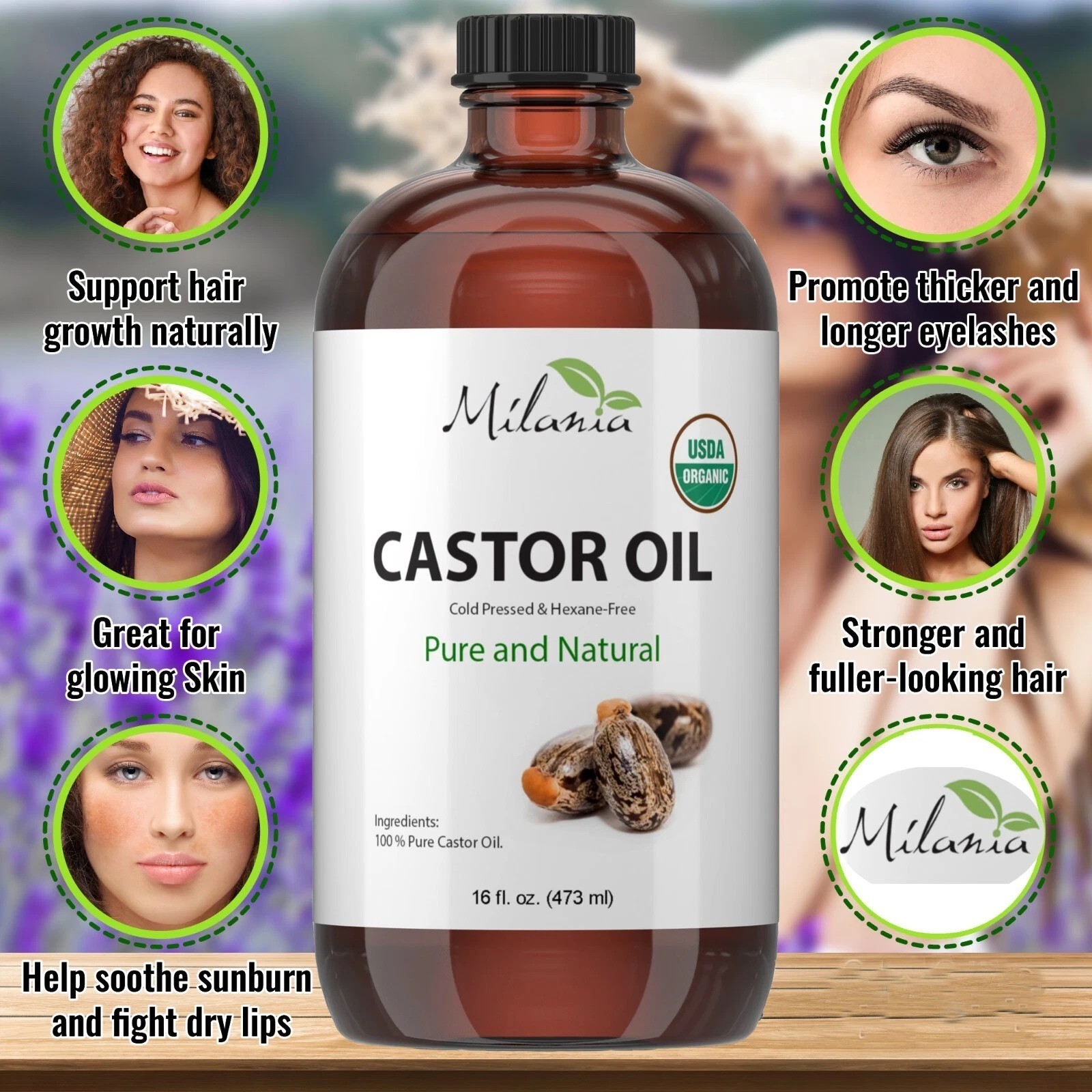 Milania Organic Castor Oil (16oz) -  Cold Pressed & Hexane-Free.