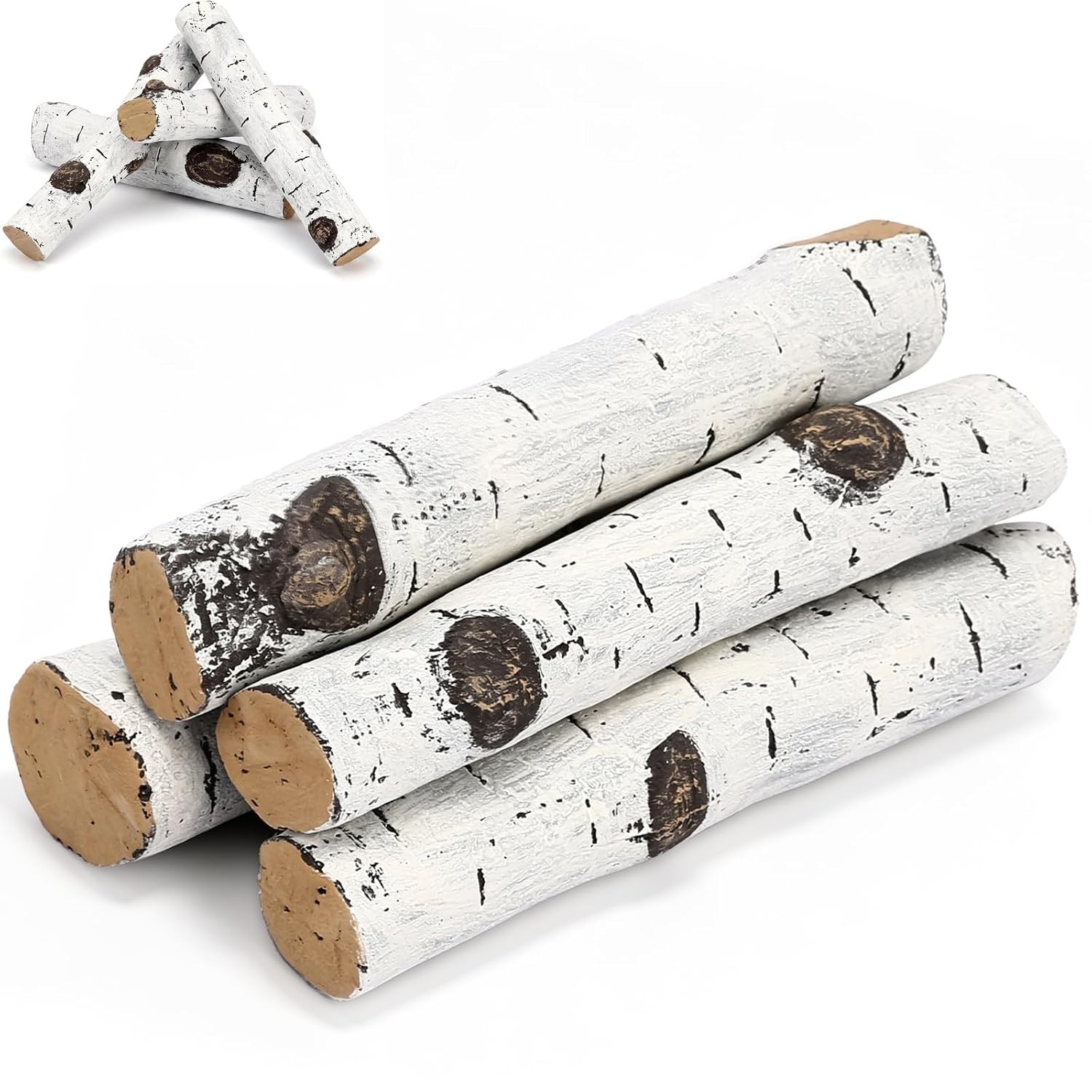 Utheer Gas Fireplace Logs, 4 Small White Birch Ceramic Logs for Fire ...