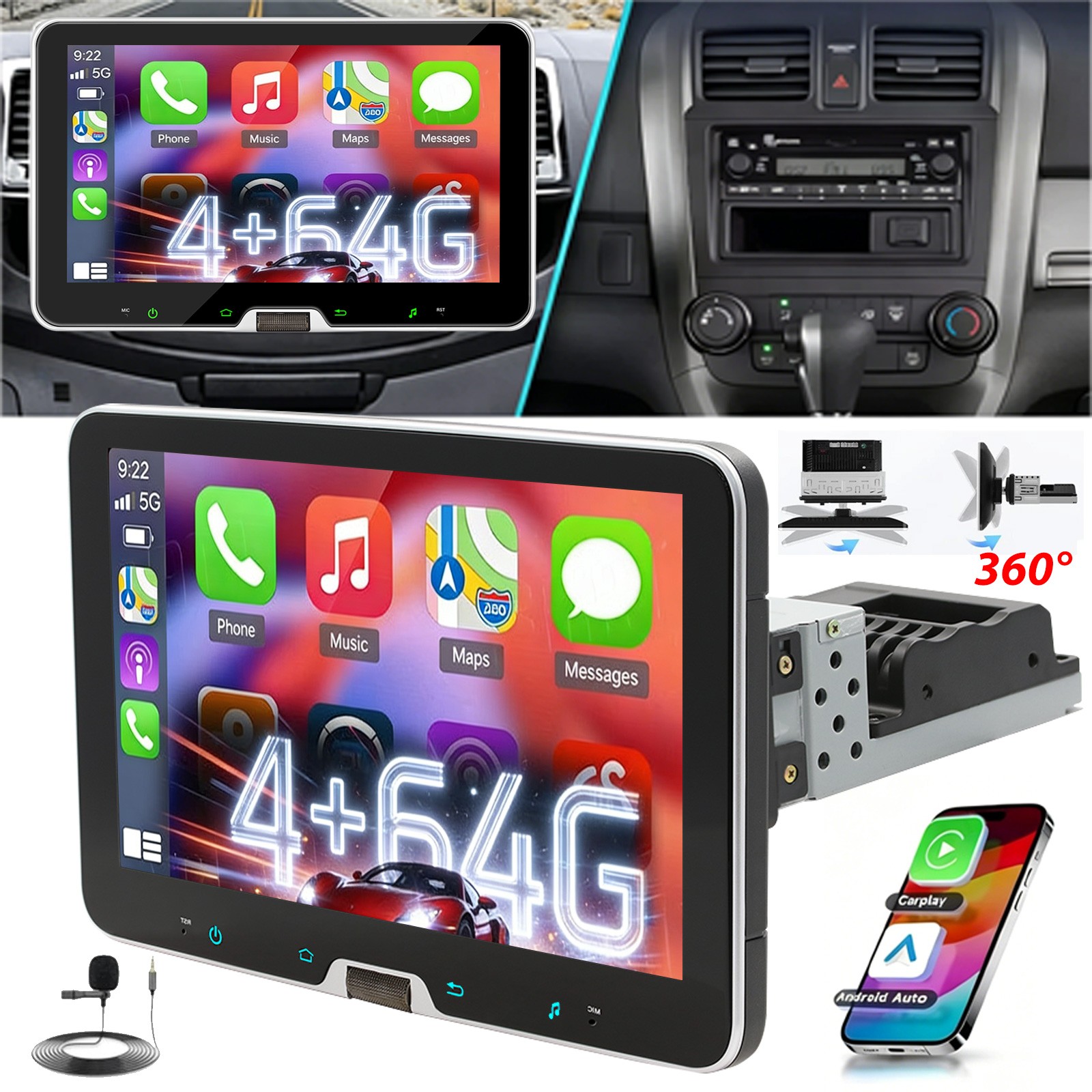 Autoradio 10" Android 15 1 DIN GPS Navi WIFI 360° Girevole Schermo WiFi 4+64G