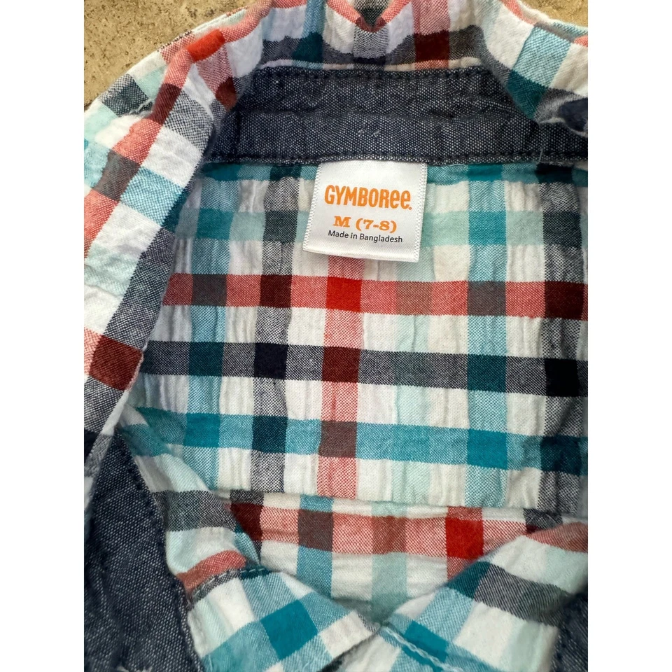 Camisa Gymboree Niños Talla M 7 8 Roja Blanca Azul Cuadros Seersucker Jungle Tour Botón Foto 4 de 4