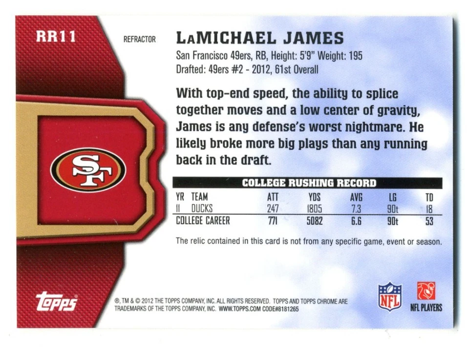 2012 Topps Chrome Rookie Relics LaMichael James Gold Refractor /10 49ers Ducks - Image 2 of 2