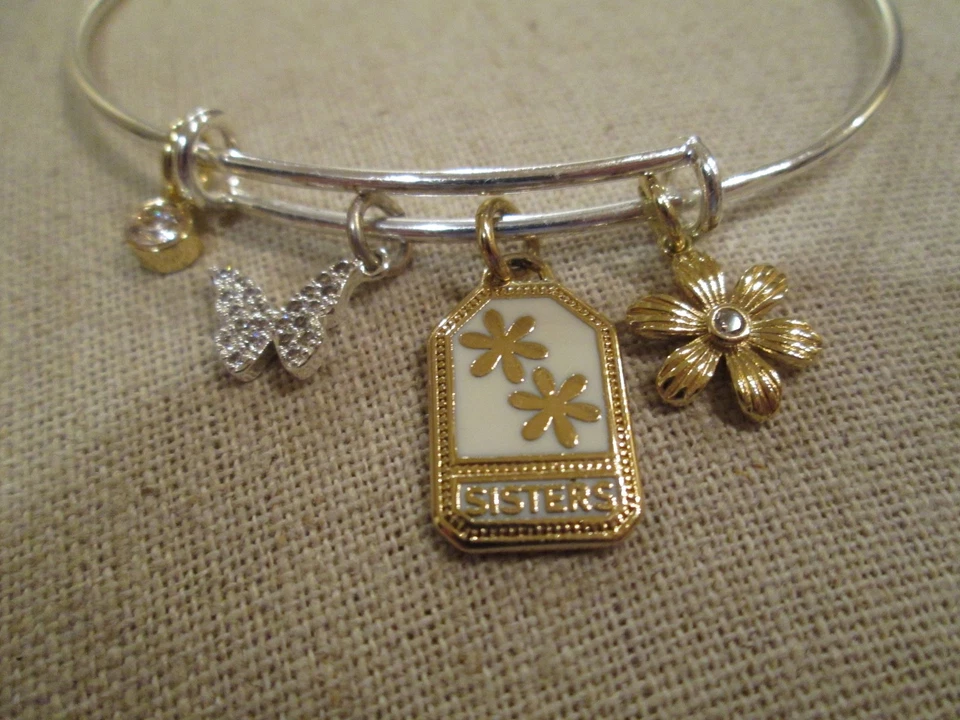 Brazalete Brazalete "Hermanas" Chapado en Oro 14k Flash Nuevo sin Etiquetas con 4 Dijes - ¡Gran Regalo! Foto 2 de 3