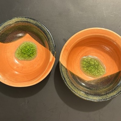 Set of 2 Earthy Glaze Studio Pottery Mise en Place Prep Bowls Signed Hand-Thrown