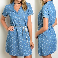 Women's Short Sleeve Floral Print Denim Chambray Short Dress