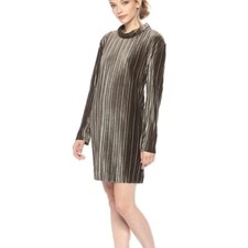 Minkpink Pleated Velvet Dress NEW Size Medium Olive Gray Long Sleeve Holiday 