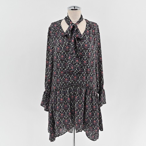 JOIE Dress Sz S Jamira Black Floral Silk Tie Neck Bell Sleeve Ruffle Mini Ditsy - 第 1/12 張圖片