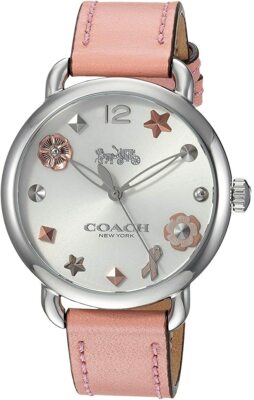 Coach Pink Leather Band Silver Face Woman’s Watch Coach Ruby Leather Strap Watch Classic Logo Case Blush Pink  main image 2