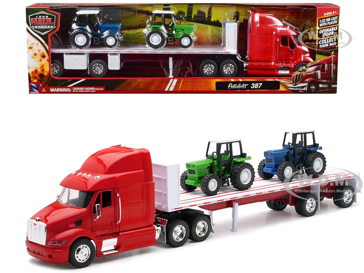 PETERBILT 387 FLATBED TRUCK RED W/ 2 FARM TRACTORS 1/32 MODEL BY