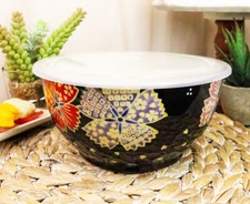 Set of 2 Ceramic Midnight Floral Blossoms Portion Meal Bowls 5 Cups Airtight Lid