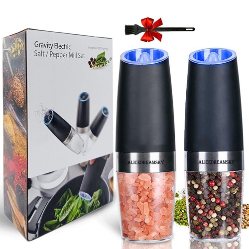 2 Pack Gravity Electric Salt and Pepper Grinder Set Automatic Battery