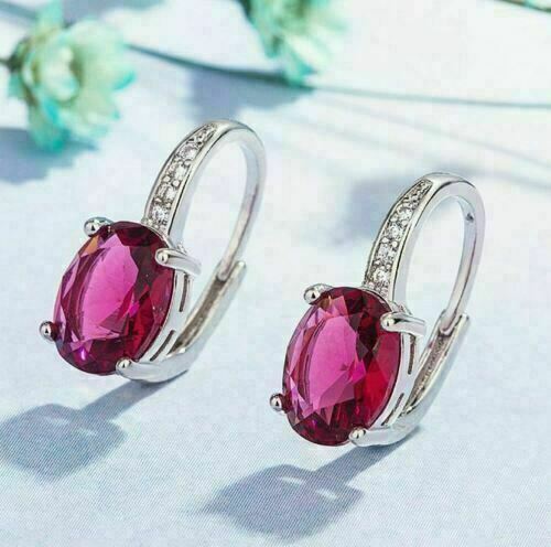 14K White Gold Over 4.20 Ct Oval Simulated Red Ruby Cluster Hoop/Huggie Earrings - Picture 1 of 4