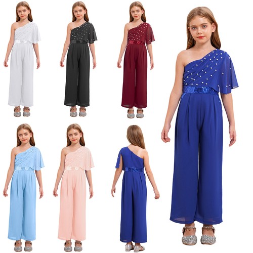 Girls Sequin Jumpsuit One Shoulder Sleeveless Chiffon Formal Romper Wedding - Picture 8 of 72