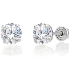 14K Solid White Gold Solitaire Round CZ Sleeper Studs Earrings Screwback 2mm-8mm