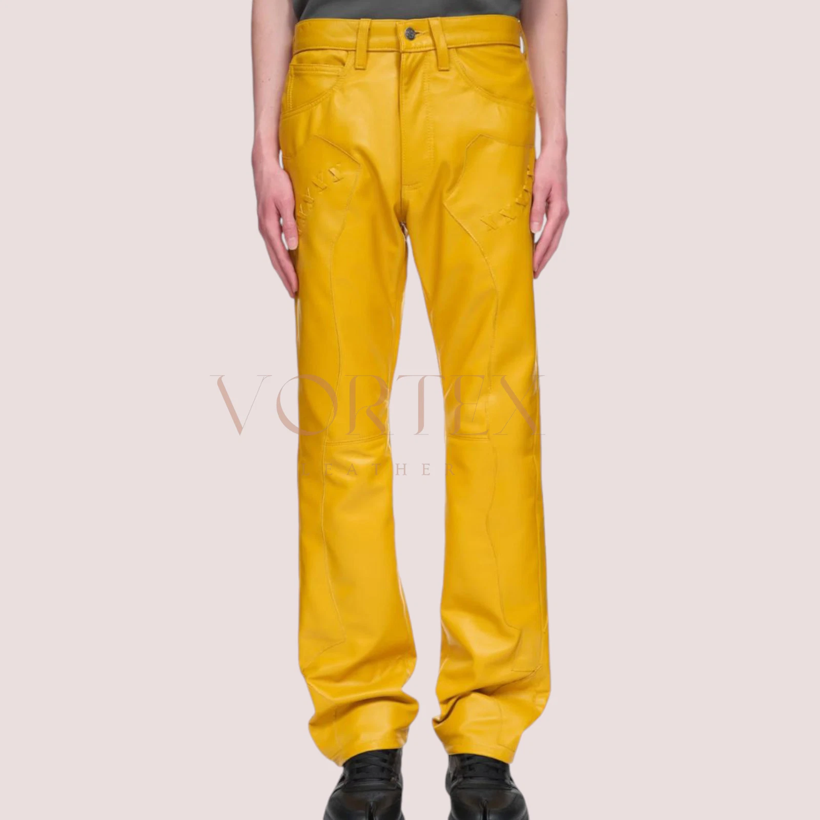 Men's Yellow Baggy Pant Genuine Lambskin Leather Pant Soft Slim Fit Dress Pant