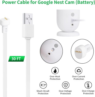Weatherproof Durable Power Cable for Google Nest Cam - 30Ft/9.1m