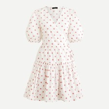 J. Crew Puff-Sleeve Cotton Poplin Tiered Wrap Dress in white rose dot, Size XS