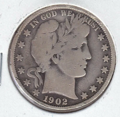 KAPPYSCOINS  W7442   1902 NICE   ALMOST FINE   BARBER SILVER   HALF DOLLAR