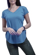 WOMENS LADIES PLAIN V NECK CURVED HEM TURN UP SHORT SLEEVE JERSEY T SHIRT TOP